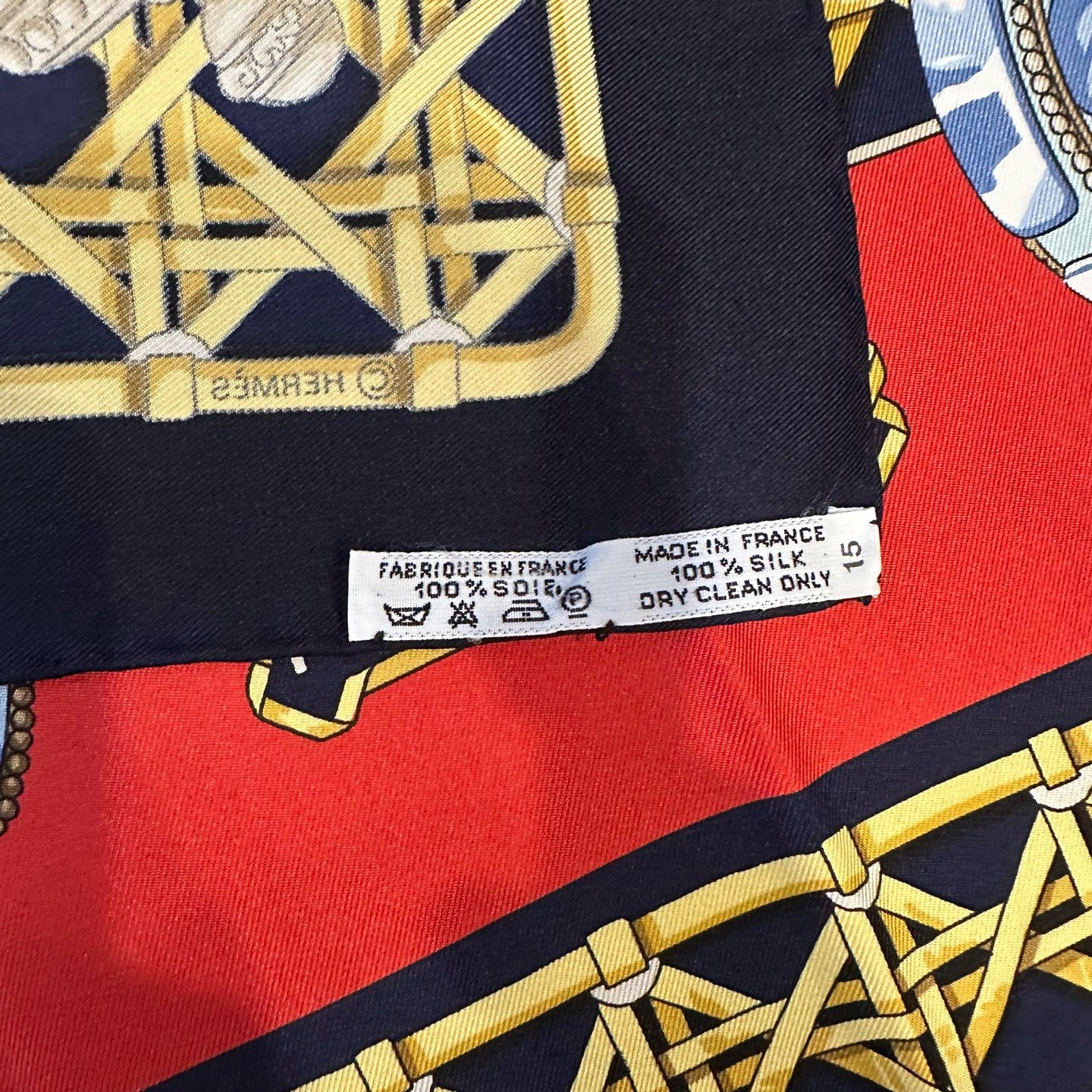 HERMES scarf, red and navy tones, with tag and box, lighting design