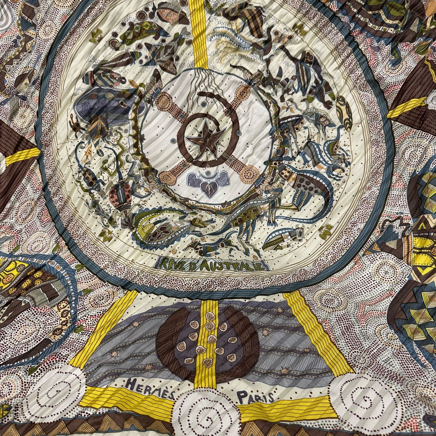 HERMES, Hermes, Scarf, Yellow, With tag, Hermes silk scarf, vintage pattern