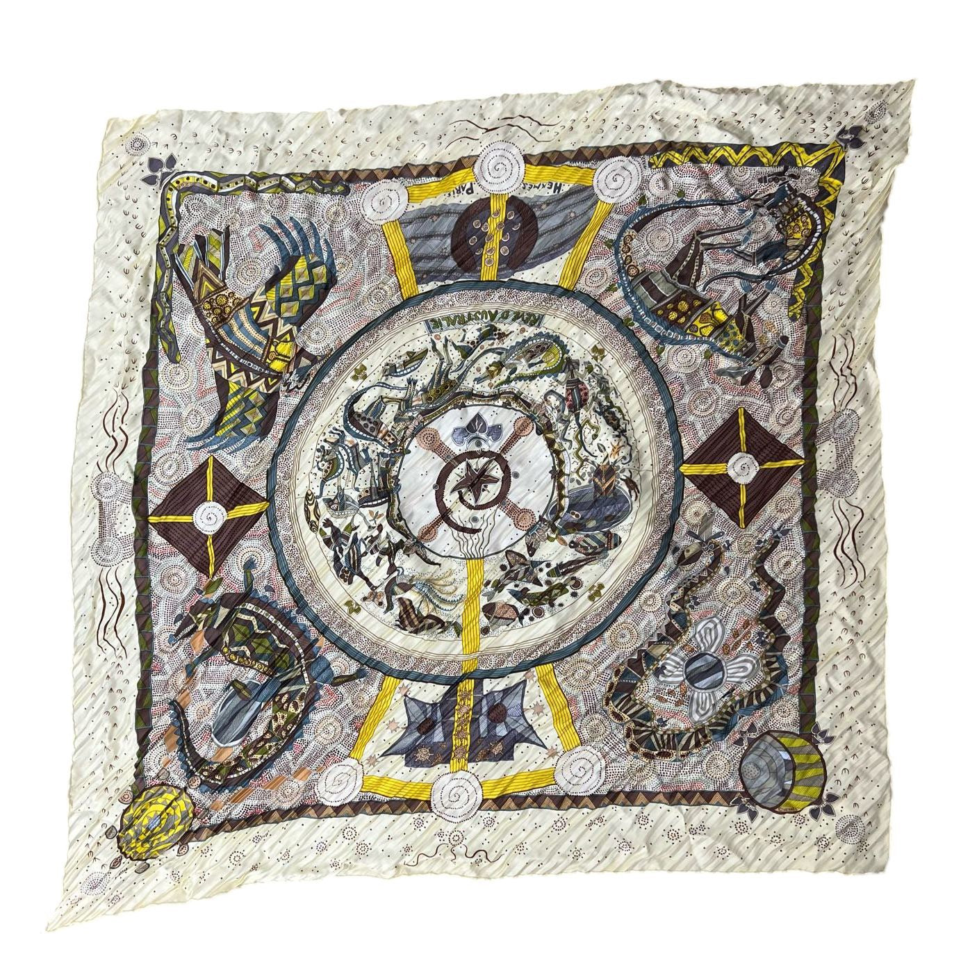 HERMES, Hermes, Scarf, Yellow, With tag, Hermes silk scarf, vintage pattern