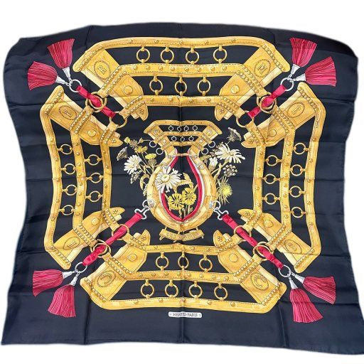 HERMES, Hermes, Scarf, With tag, Black, With box, Hermes black silk scarf with yellow vase and tassel pattern