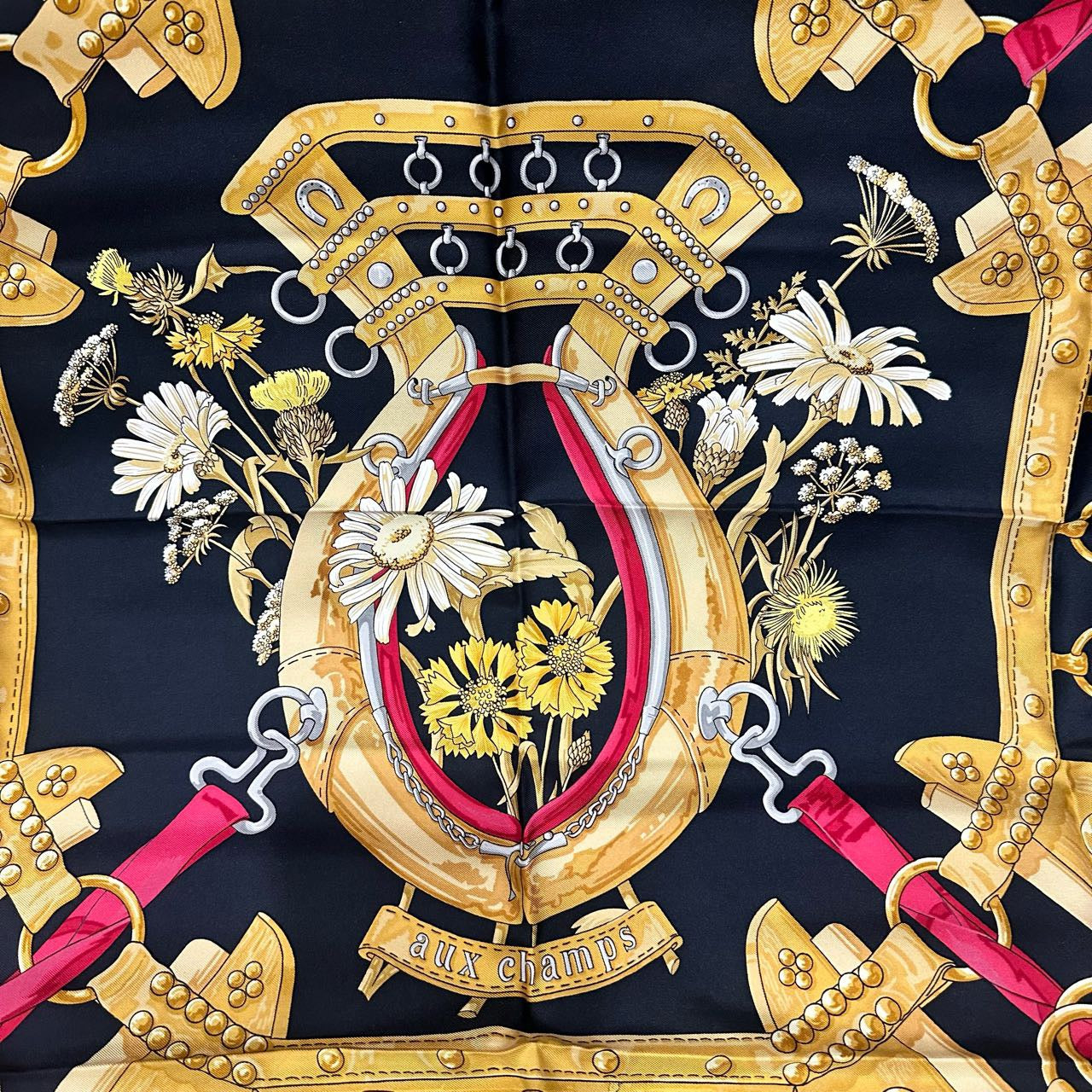 HERMES, Hermes, Scarf, With tag, Black, With box, Hermes black silk scarf with yellow vase and tassel pattern