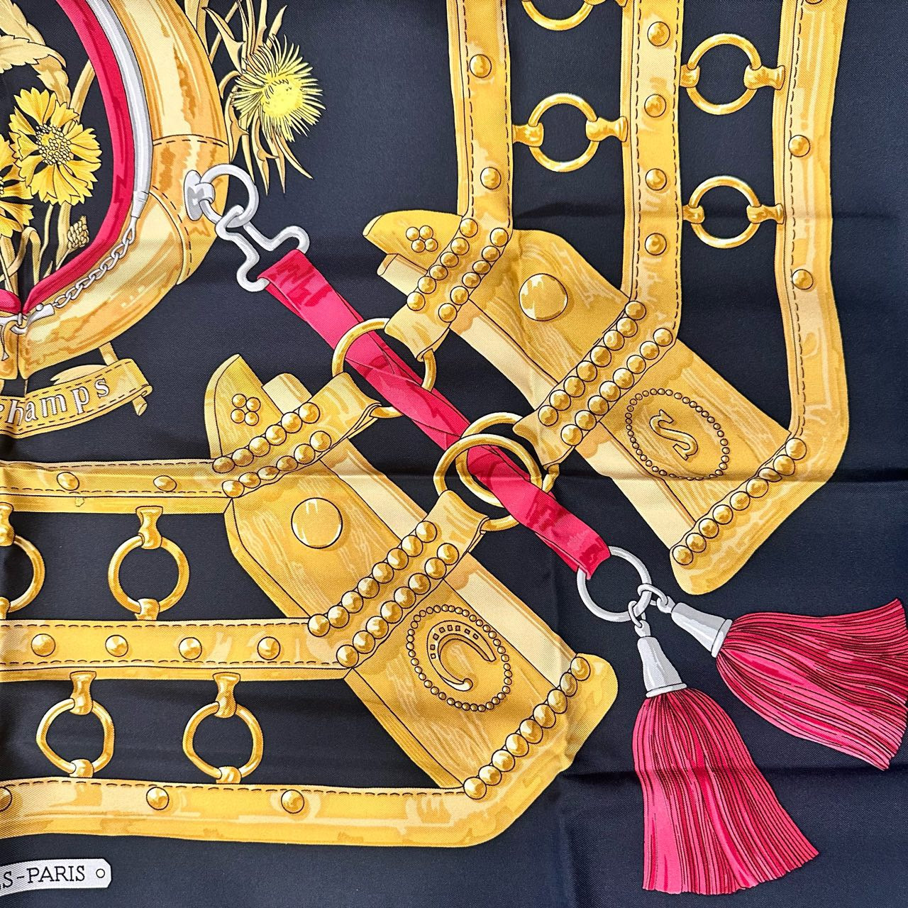 HERMES, Hermes, Scarf, With tag, Black, With box, Hermes black silk scarf with yellow vase and tassel pattern