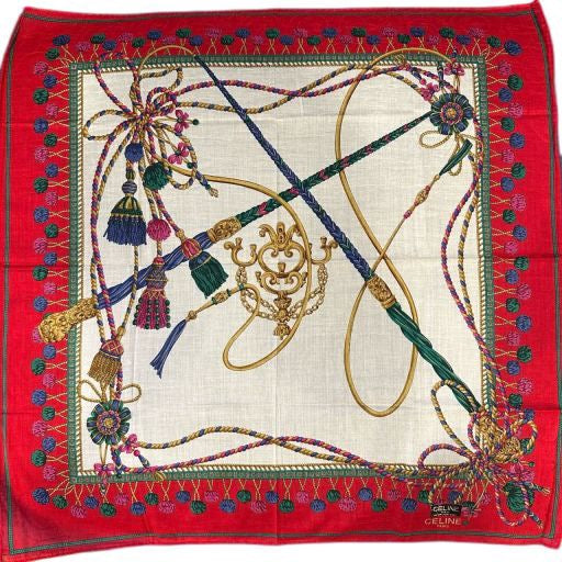 CELINE, Celine, Handkerchief, Red, Celine square scarf, red and white scepter pattern, silk scarf