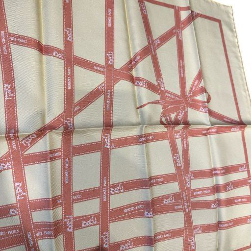HERMES, Hermes, Scarf, Yellow, Hermes scarf, beige with red straps, square scarf