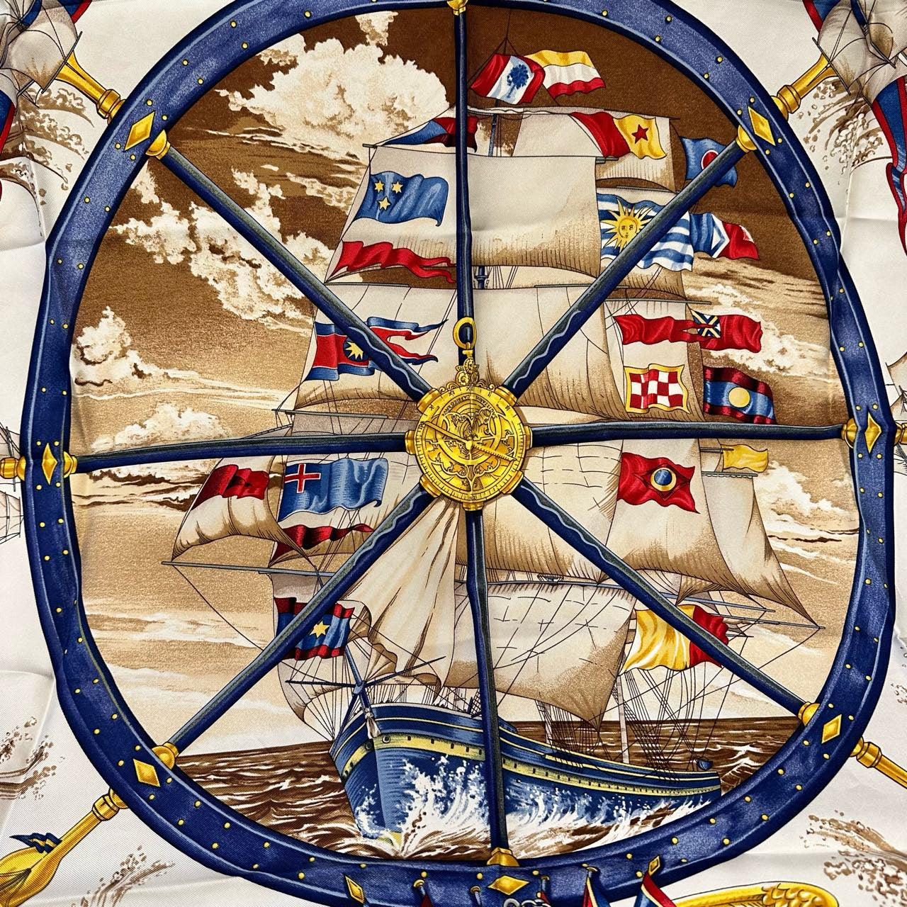 HERMES, Hermes, Scarf, With tag, Blue, Hermes silk scarf, dark blue sailboat pattern