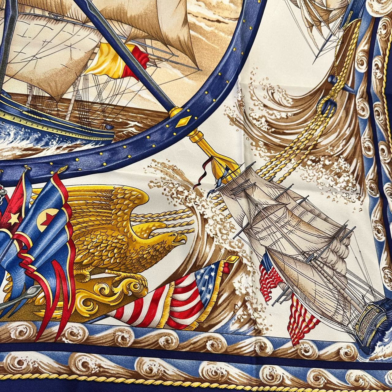 HERMES, Hermes, Scarf, With tag, Blue, Hermes silk scarf, dark blue sailboat pattern