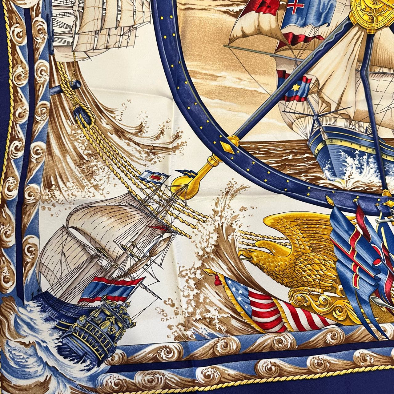 HERMES, Hermes, Scarf, With tag, Blue, Hermes silk scarf, dark blue sailboat pattern