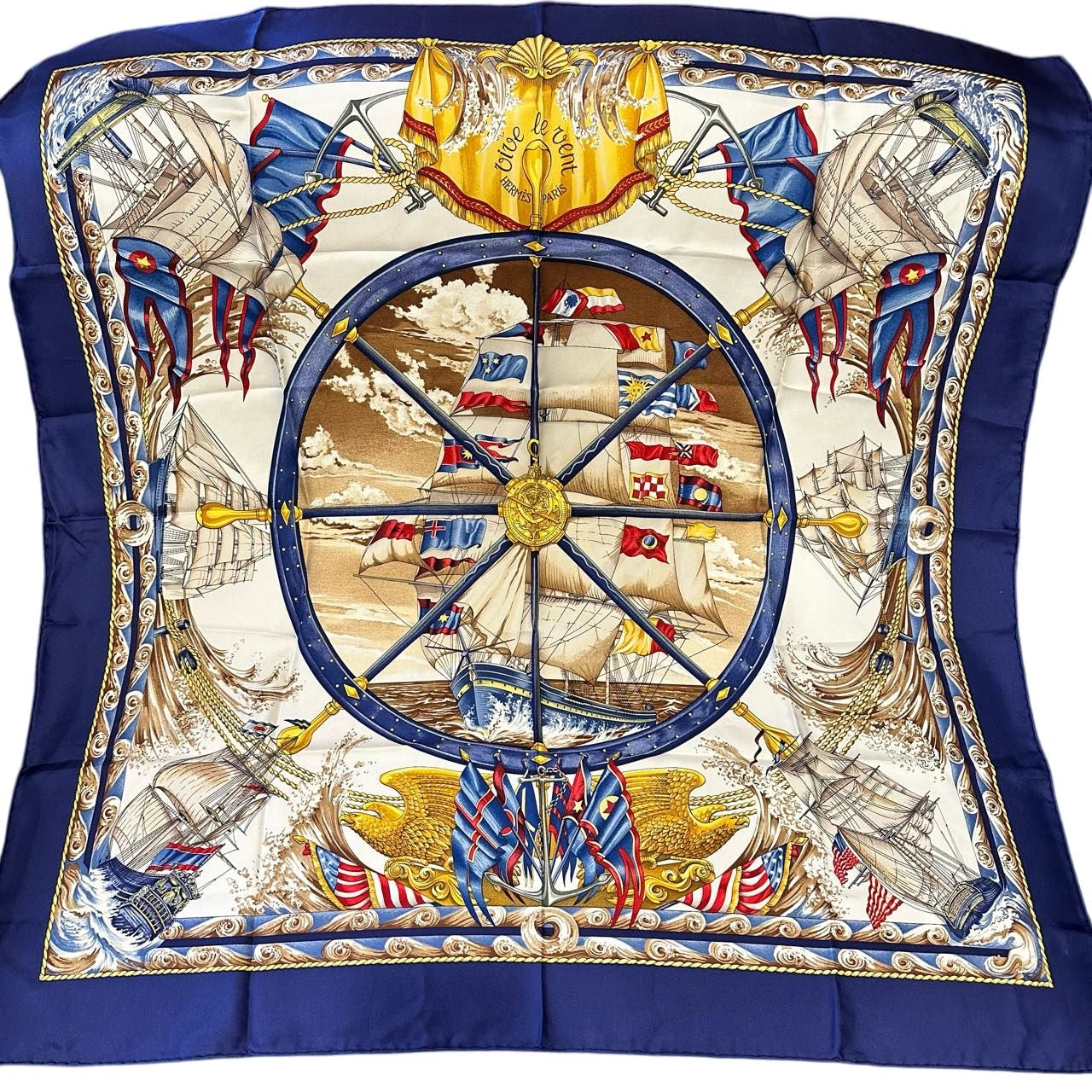 HERMES, Hermes, Scarf, With tag, Blue, Hermes silk scarf, dark blue sailboat pattern