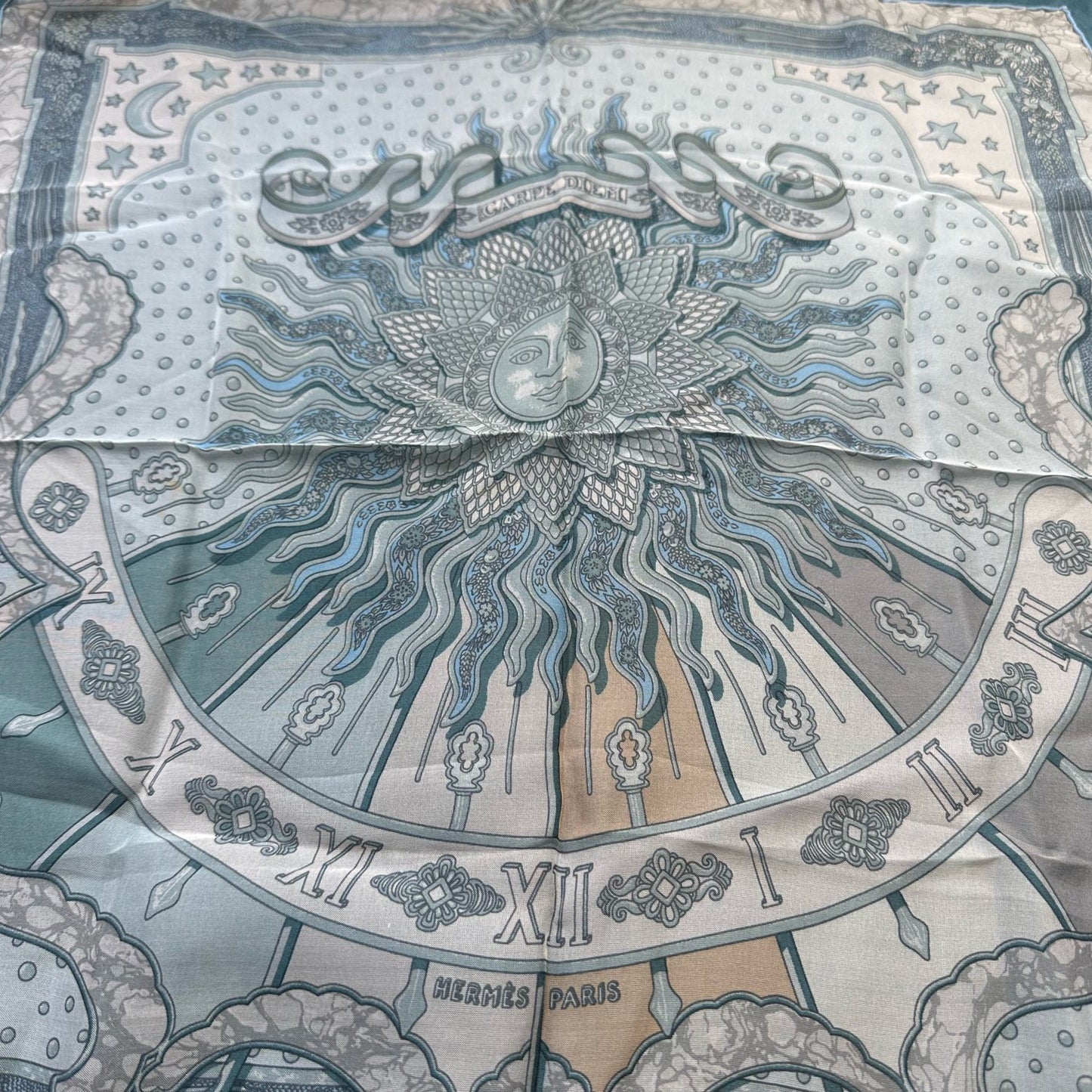 HERMES, Hermes, Handkerchief, Blue, Hermes silk scarf, gray sun god pattern