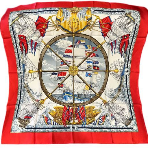 HERMES, Hermes, Scarf, Red, With tag, Red, Sea, Hermes silk scarf, red sailboat pattern