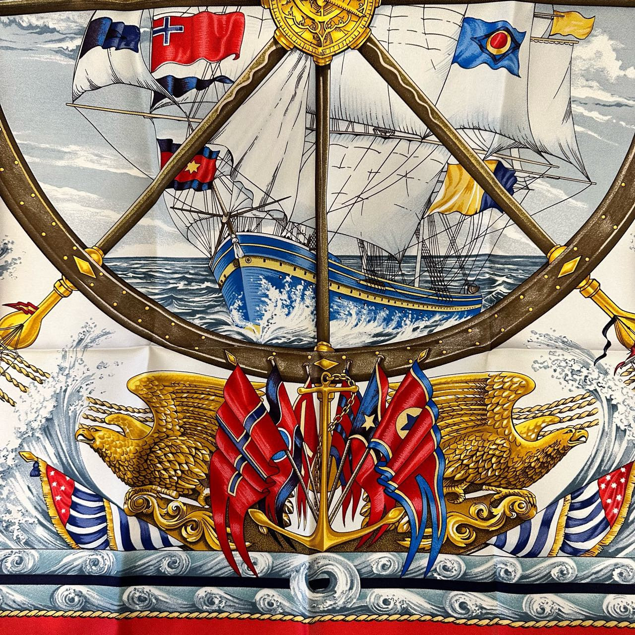 HERMES, Hermes, Scarf, Red, With tag, Red, Sea, Hermes silk scarf, red sailboat pattern
