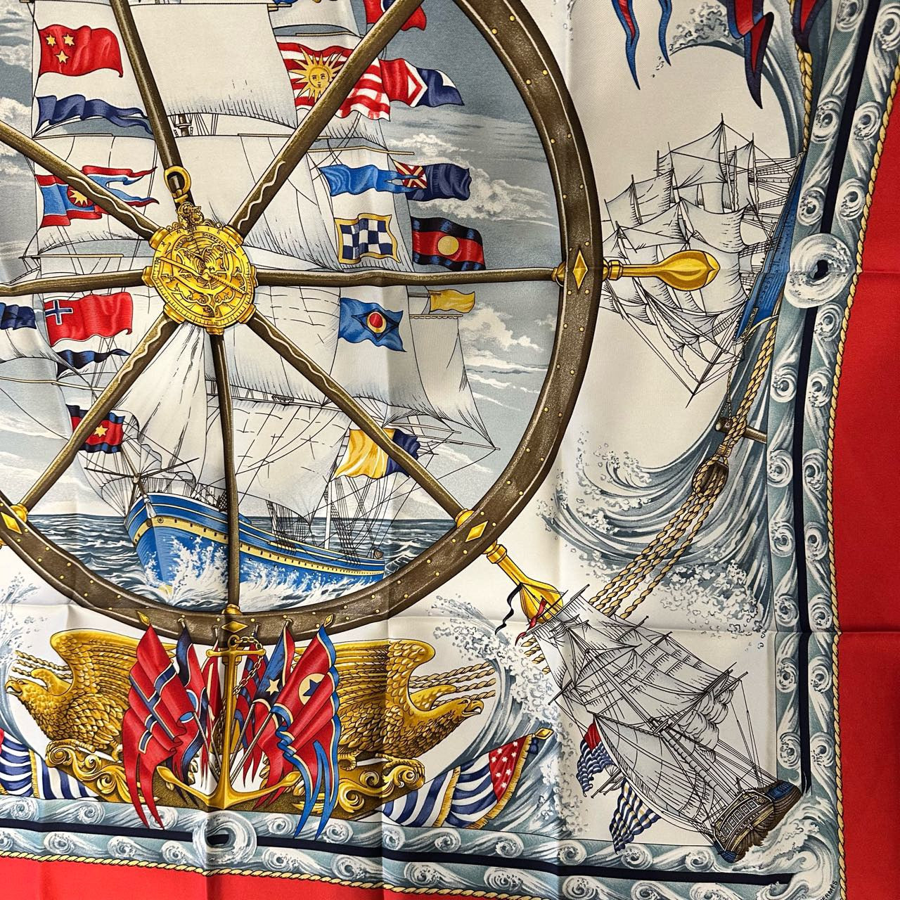 HERMES, Hermes, Scarf, Red, With tag, Red, Sea, Hermes silk scarf, red sailboat pattern