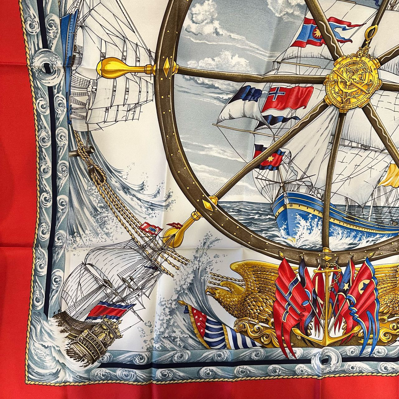 HERMES, Hermes, Scarf, Red, With tag, Red, Sea, Hermes silk scarf, red sailboat pattern