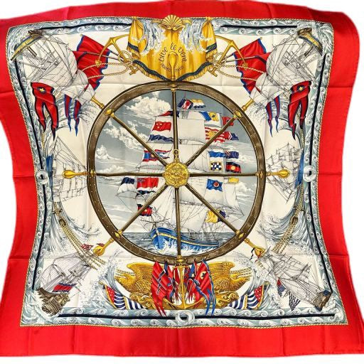 HERMES, Hermes, Scarf, Red, With tag, Hermes silk scarf, red sailboat pattern