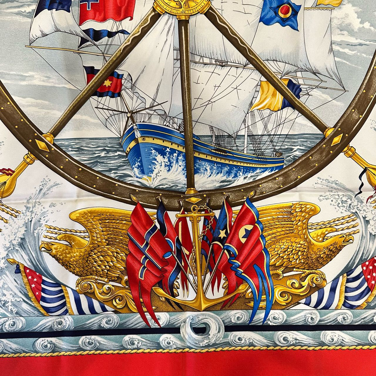 HERMES, Hermes, Scarf, Red, With tag, Hermes silk scarf, red sailboat pattern
