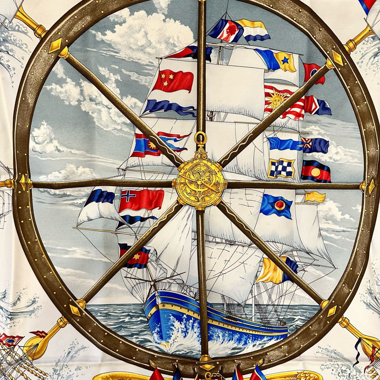 HERMES, Hermes, Scarf, Red, With tag, Hermes silk scarf, red sailboat pattern