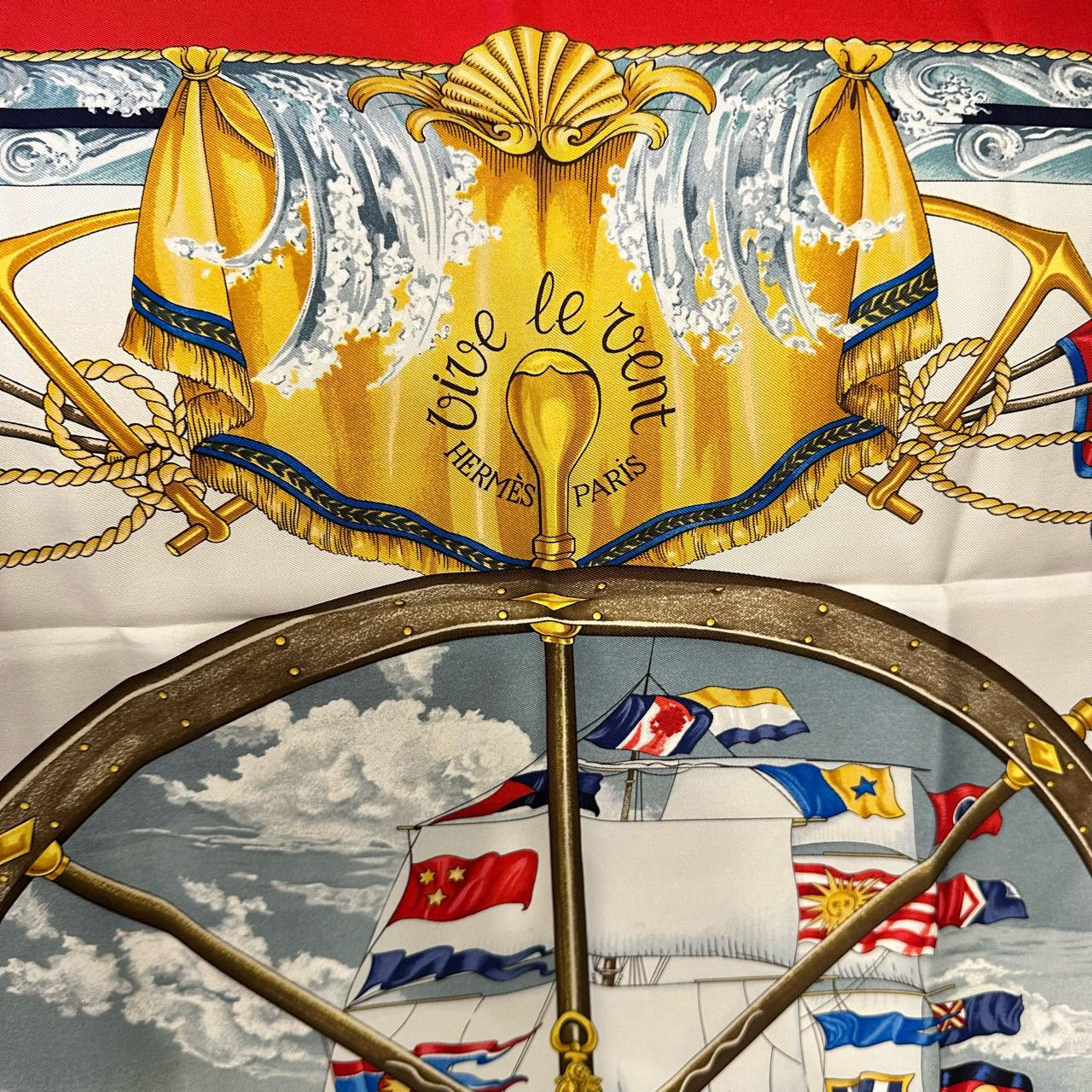 HERMES, Hermes, Scarf, Red, With tag, Hermes silk scarf, red sailboat pattern