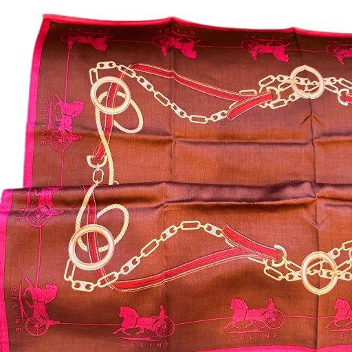 CELINE, Celine, Handkerchief, Purple, Celine square scarf, carriage pattern, pink color block, silk scarf