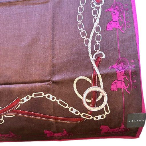 CELINE, Celine, Handkerchief, Purple, Celine square scarf, carriage pattern, pink color block, silk scarf