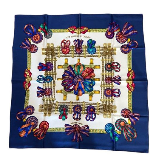 HERMES, Hermes, Scarf, Blue, With tag, Hermes silk scarf, colorful bow pattern