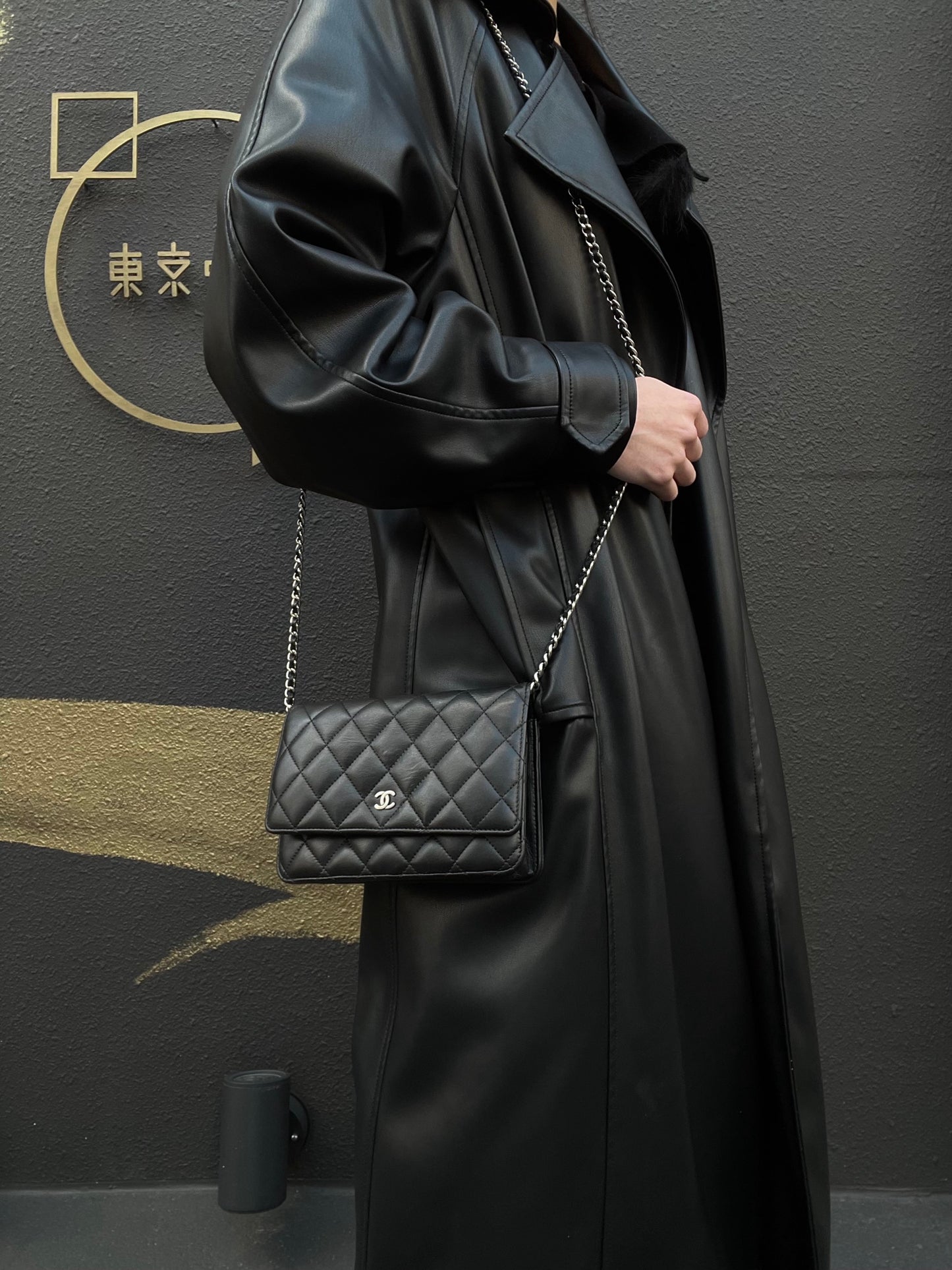 CHANEL Matelasse Chain Shoulder Wallet, Black Lambskin, Silver-Tone Hardware, WOC Crossbody Bag