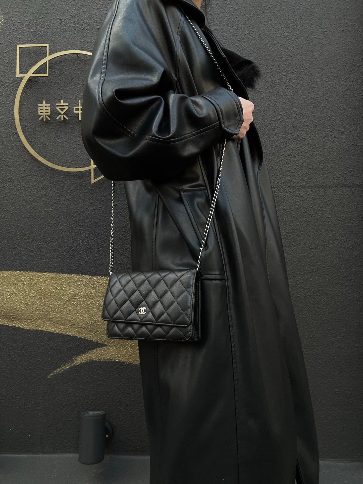 CHANEL Matelasse Chain Shoulder Wallet, Black Lambskin, Silver-Tone Hardware, WOC Crossbody Bag