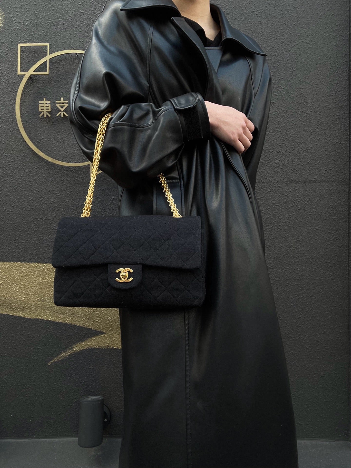 CHANEL Chanel CF Matelasse Shoulder Bag Black Gold Hardware Black Cotton CF Shoulder Bag