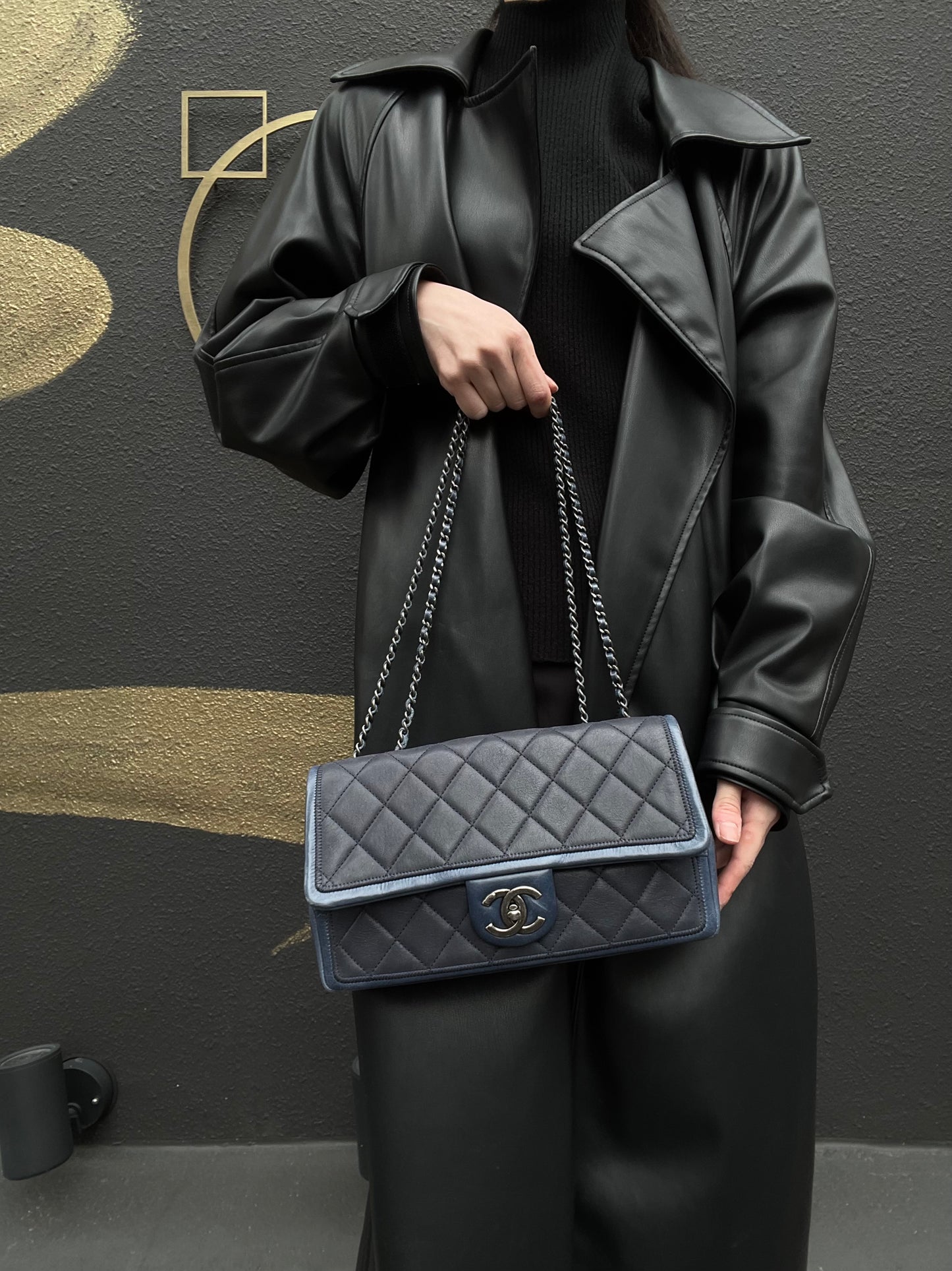 CHANEL Chain Shoulder Bag, Navy, Silver Hardware