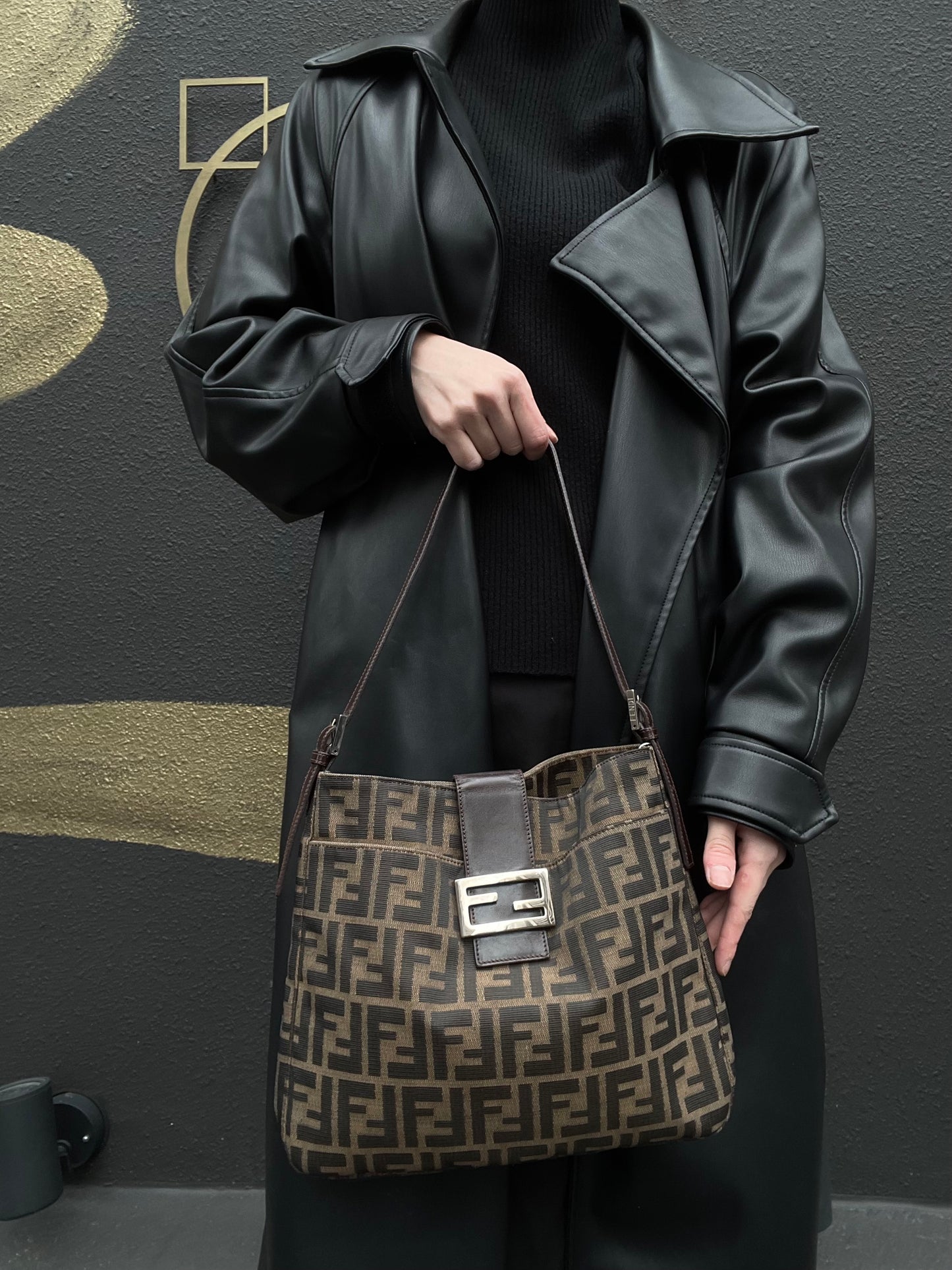FENDI Zucca Canvas Shoulder Bag with Silver Hardware