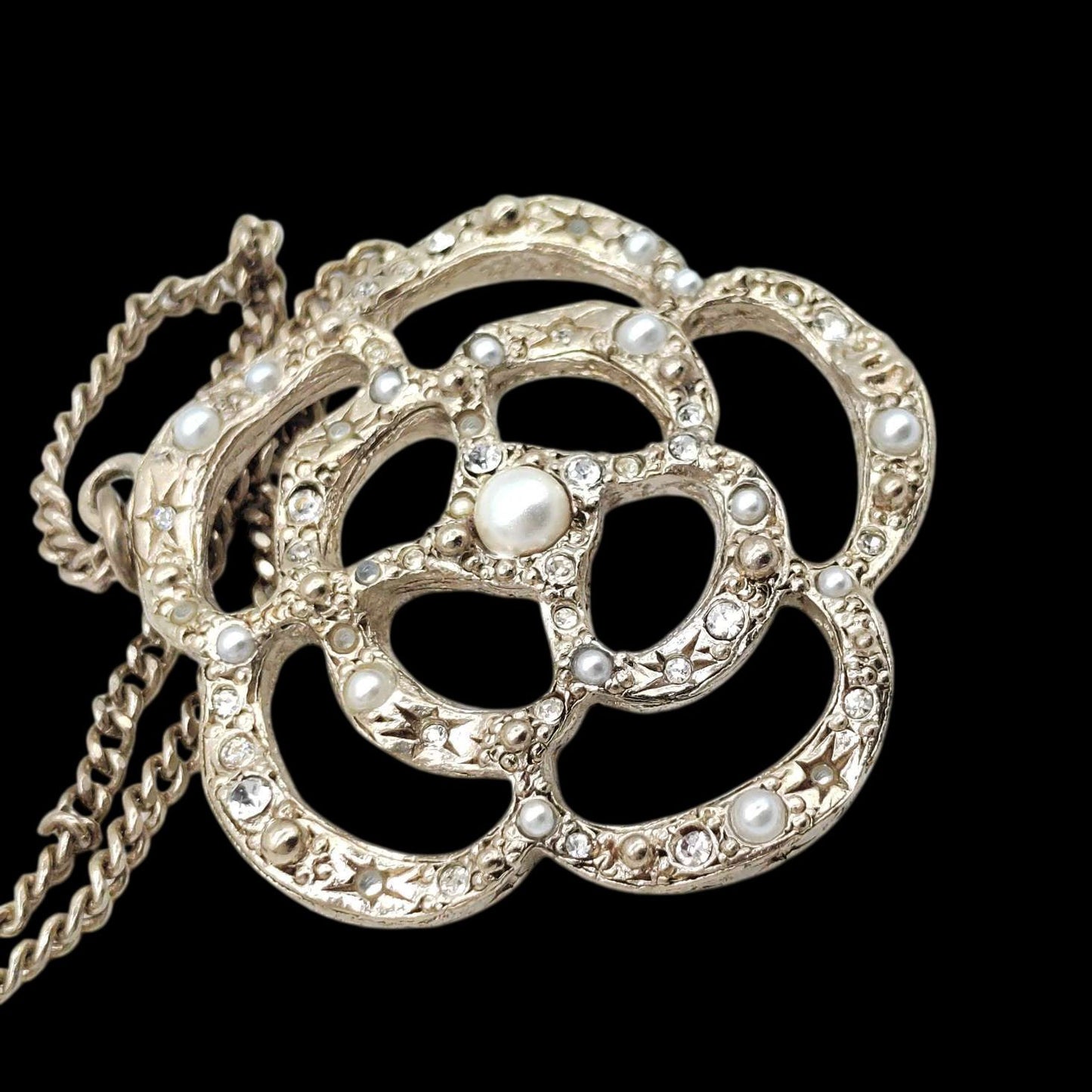 CHANEL Necklace, Pearl, Gold Color, Camellia Pearl Necklace, Alloy