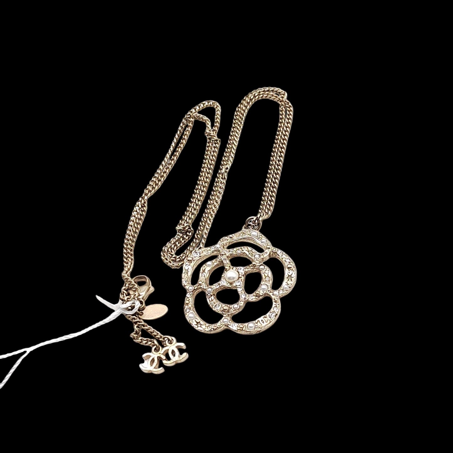 CHANEL Necklace, Pearl, Gold Color, Camellia Pearl Necklace, Alloy