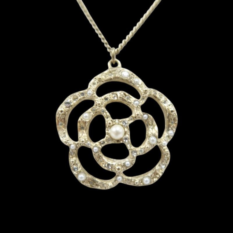 CHANEL Necklace, Pearl, Gold Color, Camellia Pearl Necklace, Alloy