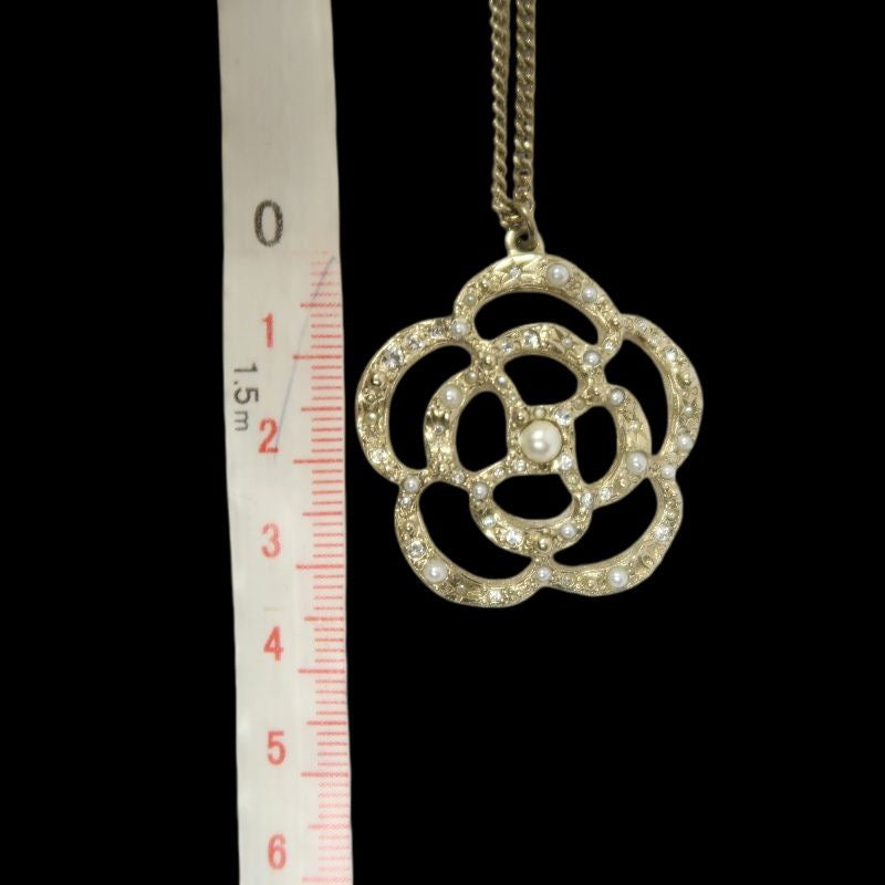 CHANEL Necklace, Pearl, Gold Color, Camellia Pearl Necklace, Alloy
