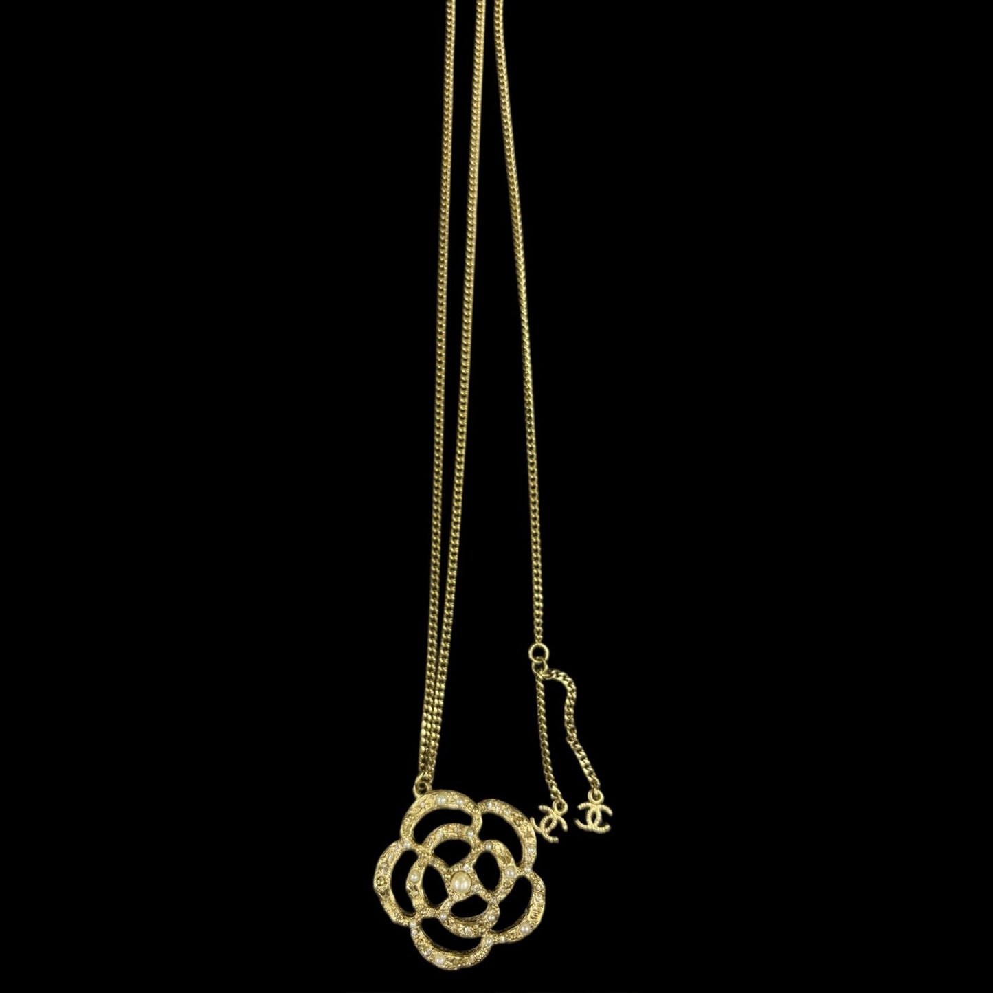 CHANEL Necklace, Pearl, Gold Color, Camellia Pearl Necklace, Alloy