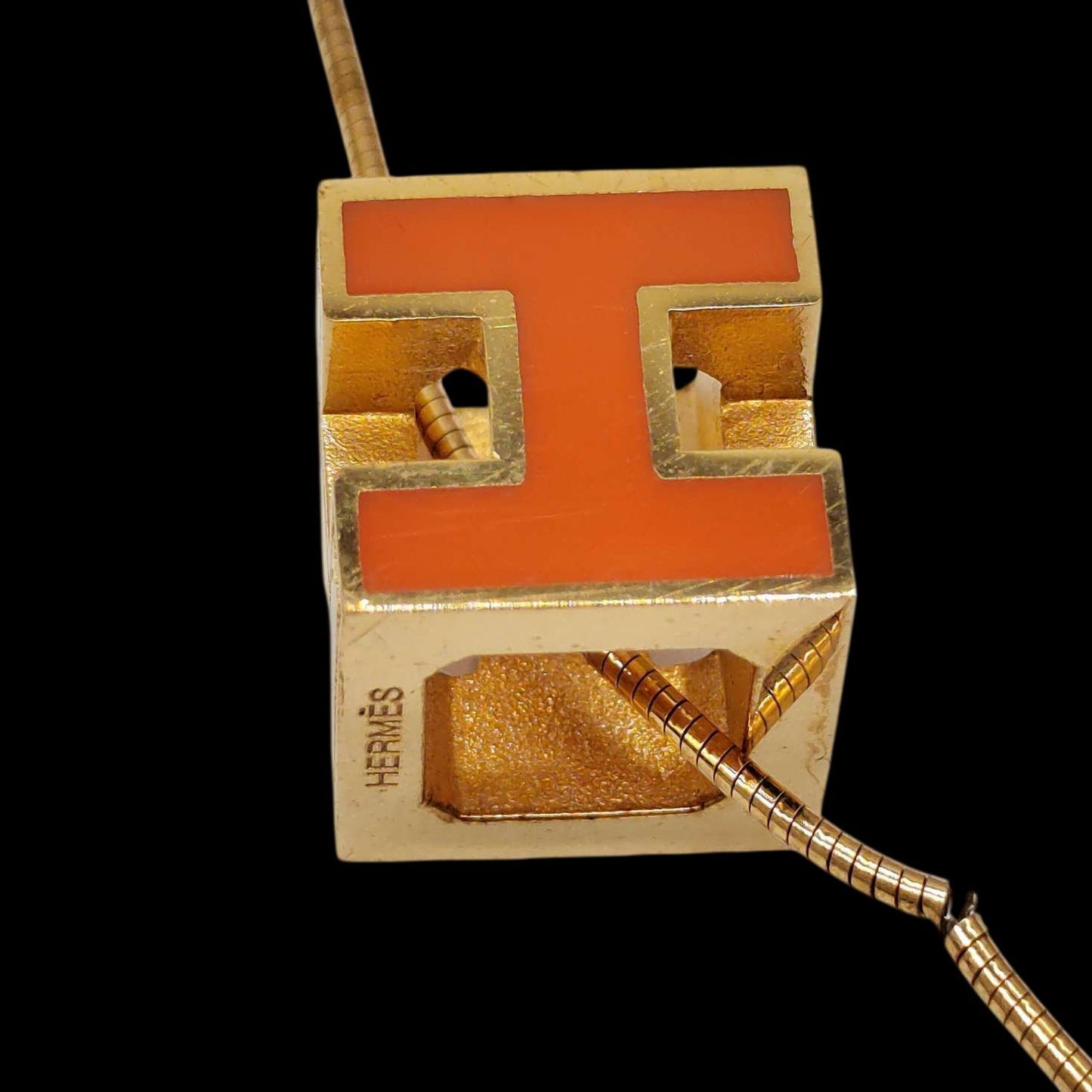 Hermes Necklace, Orange H Pendant, With Box, Rank C, No Black