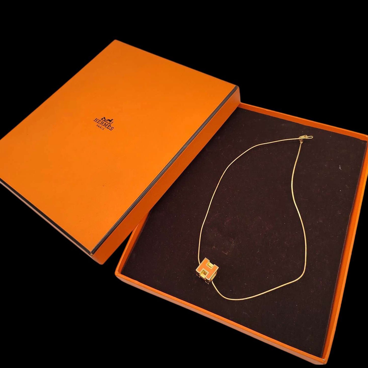 Hermes Necklace, Orange H Pendant, With Box, Rank C, No Black