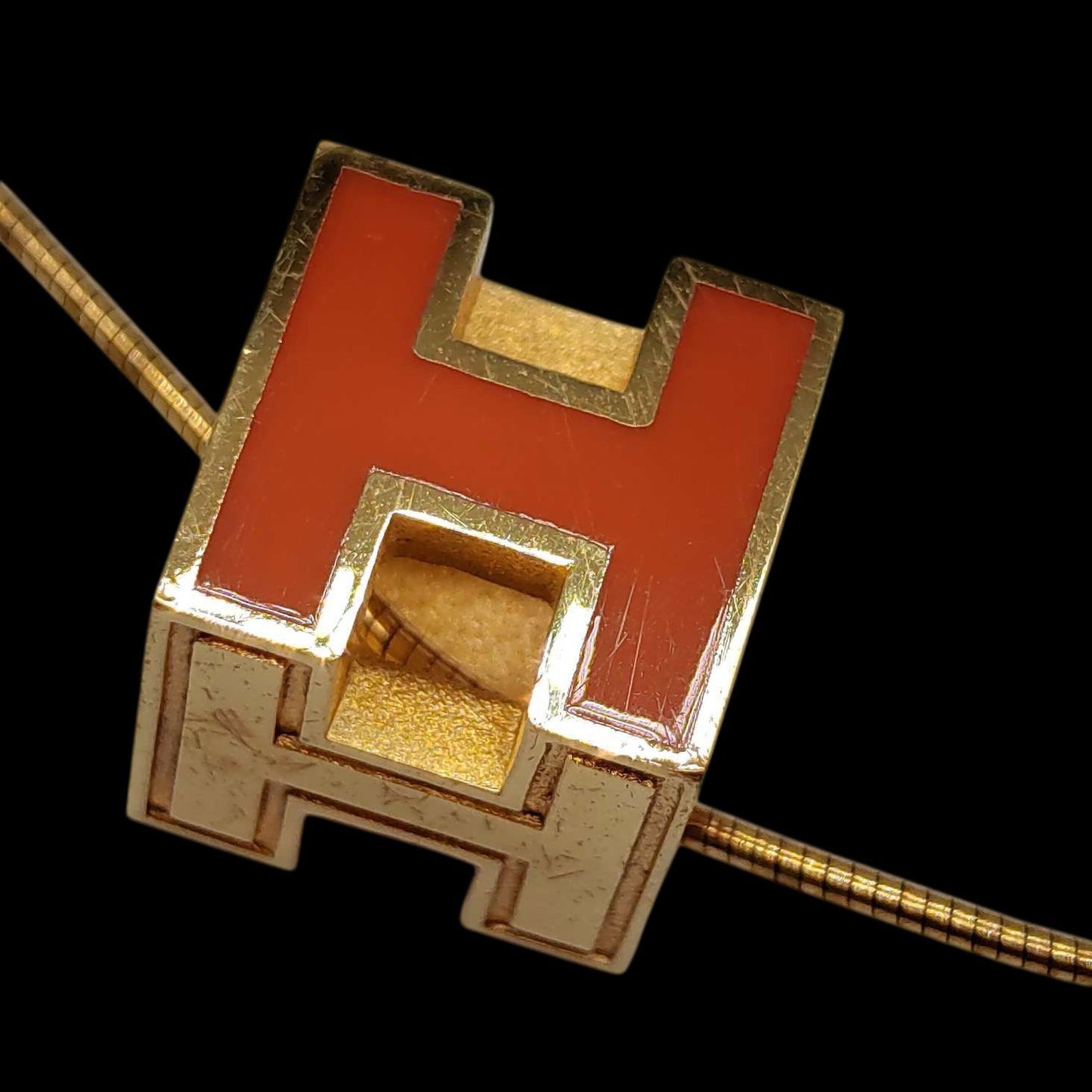 Hermes Necklace, Orange H Pendant, With Box, Rank C, No Black