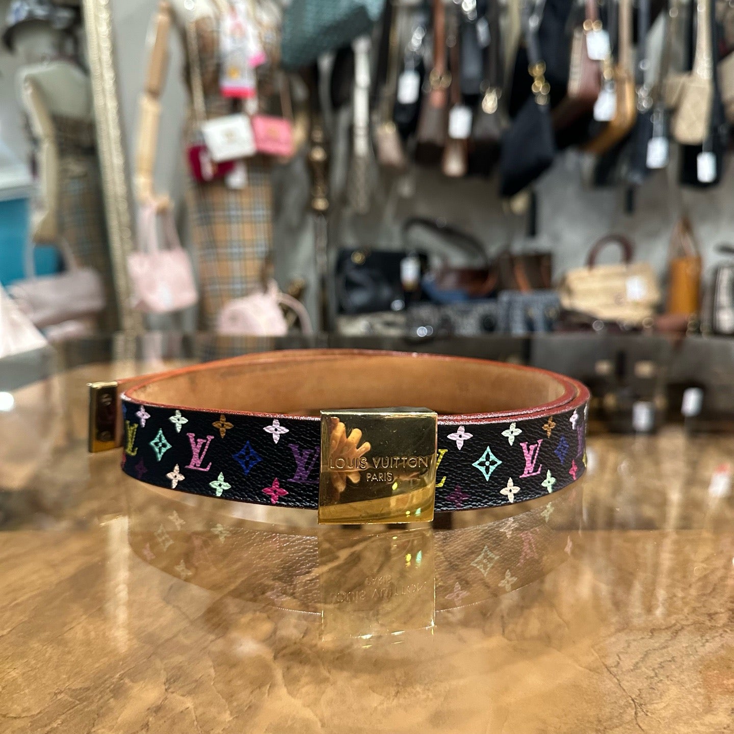 Louis Vuitton Multicolor Black Belt, Gold Hardware