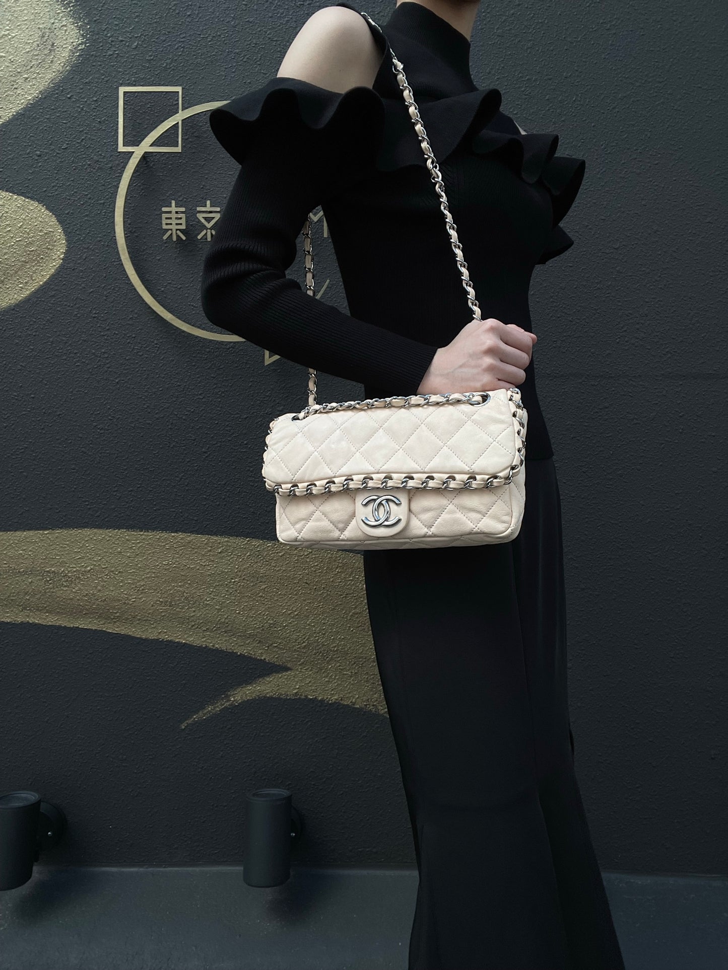 Chanel Pink Beige Lambskin Chain Shoulder Bag with Silver-Tone Hardware