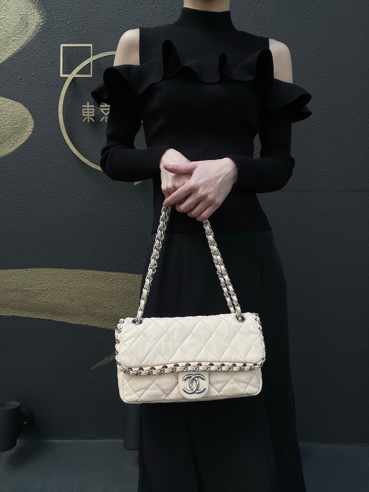 Chanel Pink Beige Lambskin Chain Shoulder Bag with Silver-Tone Hardware