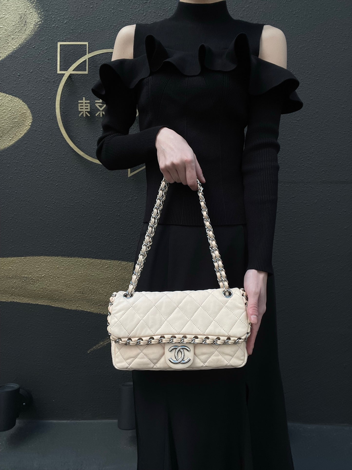 Chanel Pink Beige Lambskin Chain Shoulder Bag with Silver-Tone Hardware