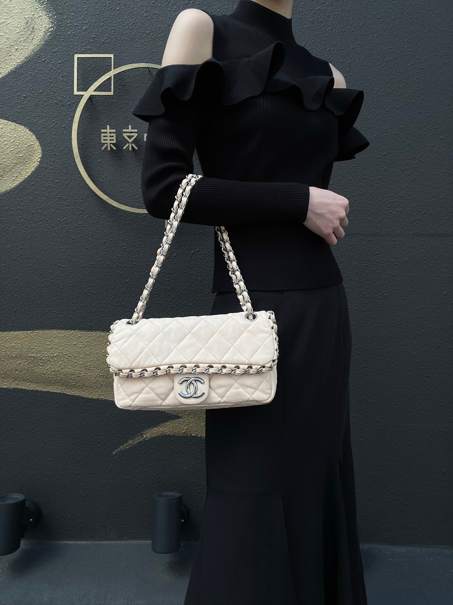 Chanel Pink Beige Lambskin Chain Shoulder Bag with Silver-Tone Hardware