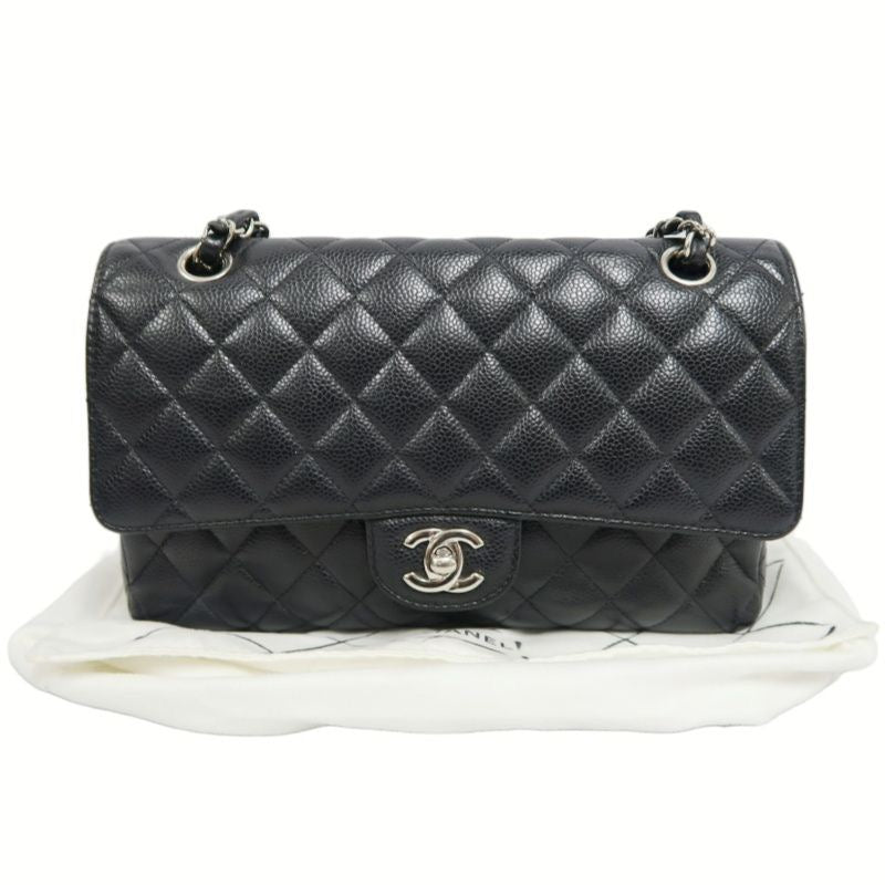 CHANEL Classic Flap Shoulder Bag, Caviar Leather, Black with Silver Hardware, Dust Bag Included