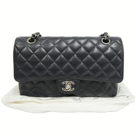CHANEL Classic Flap Shoulder Bag, Caviar Leather, Black with Silver Hardware, Dust Bag Included