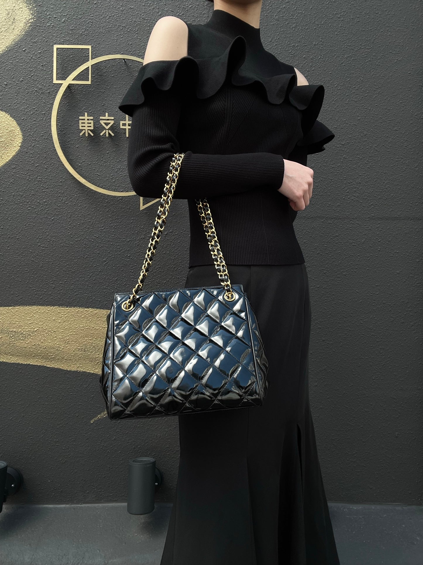 Chanel Enamel Patent Leather Chain Tote Bag Black with Gold Hardware