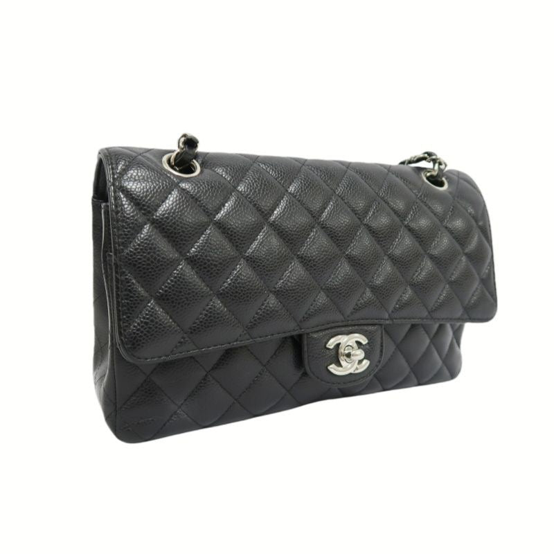 CHANEL Classic Flap Shoulder Bag, Caviar Leather, Black with Silver Hardware, Dust Bag Included