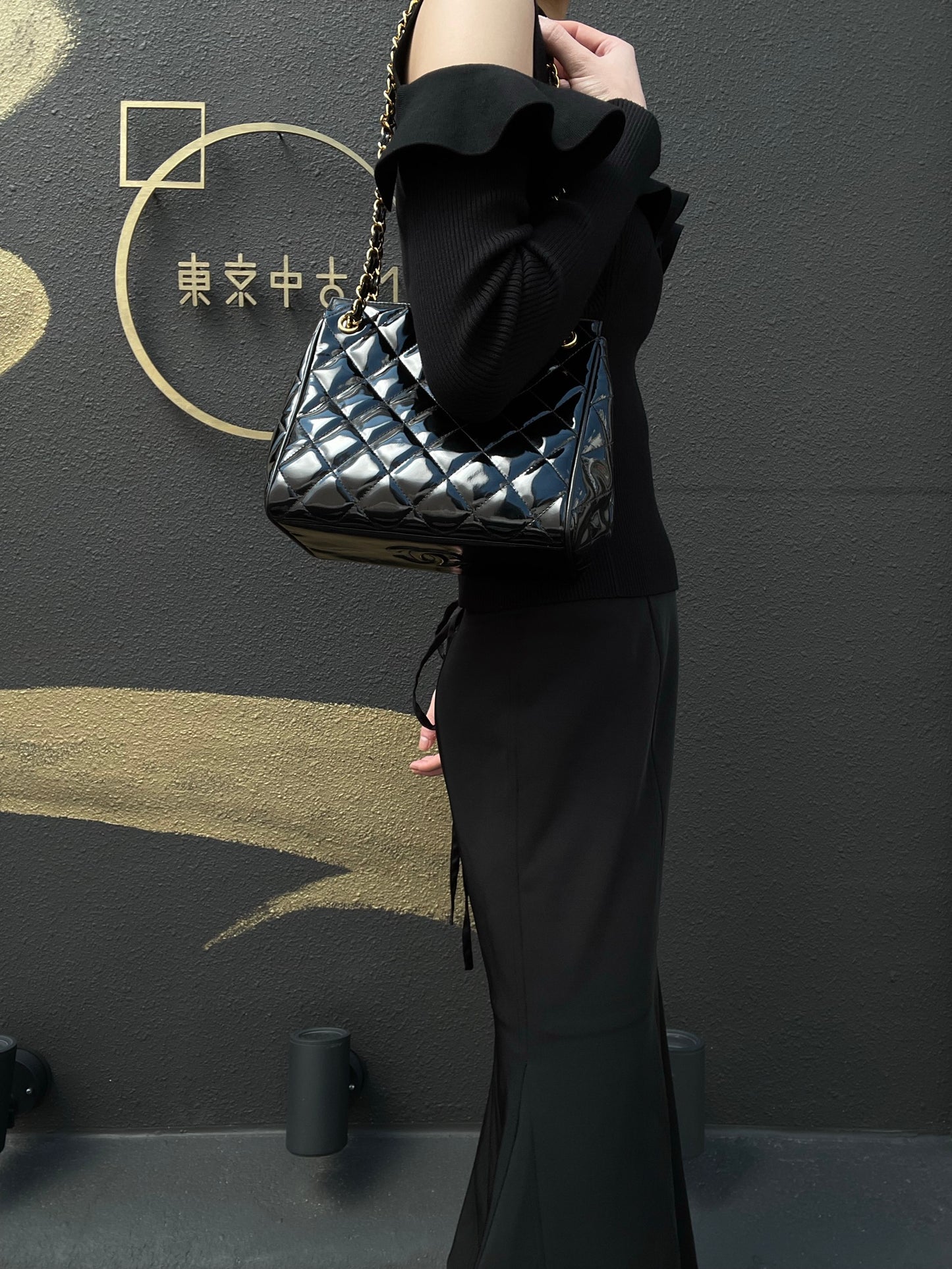 Chanel Enamel Patent Leather Chain Tote Bag Black with Gold Hardware