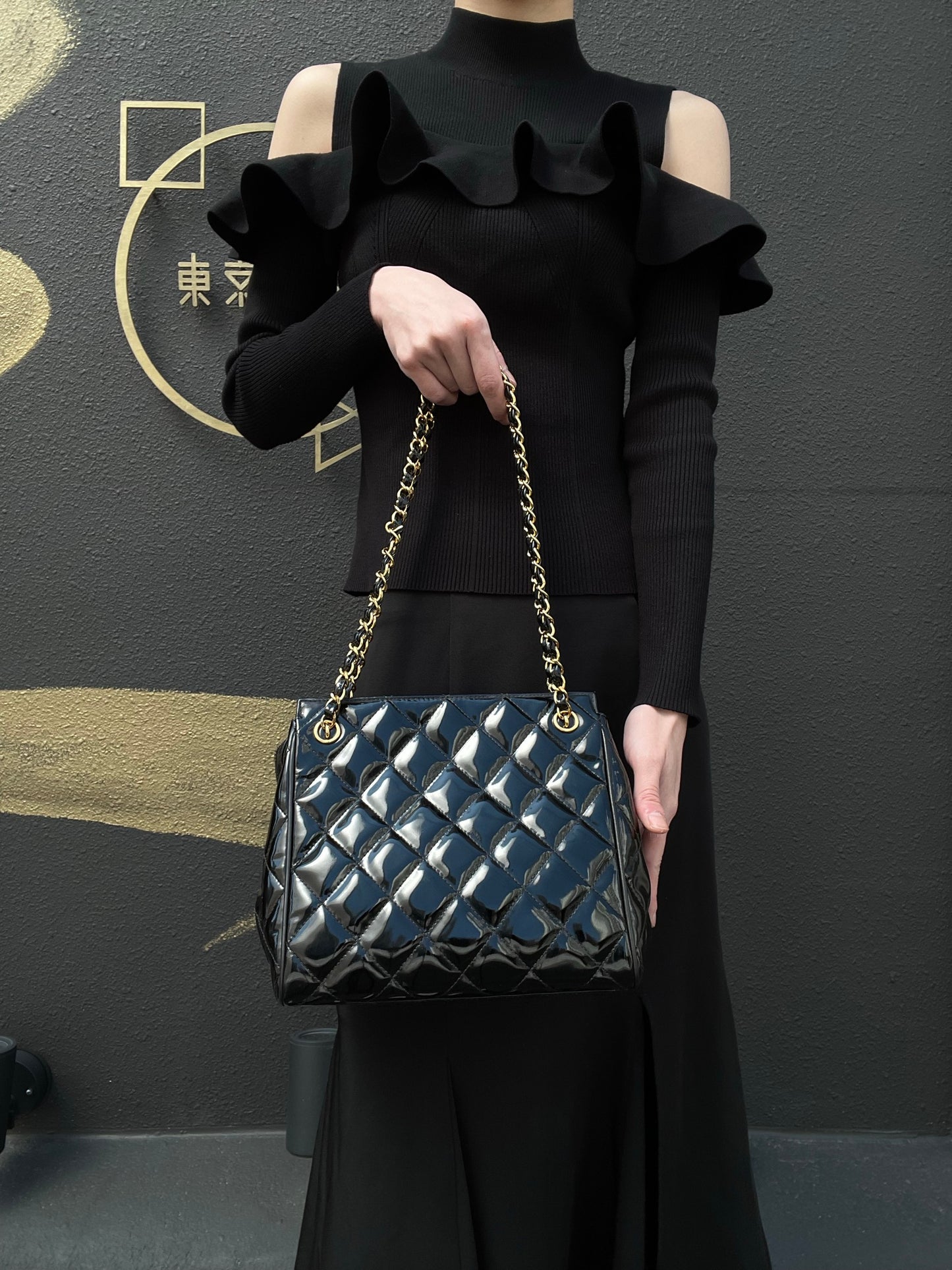 Chanel Enamel Patent Leather Chain Tote Bag Black with Gold Hardware