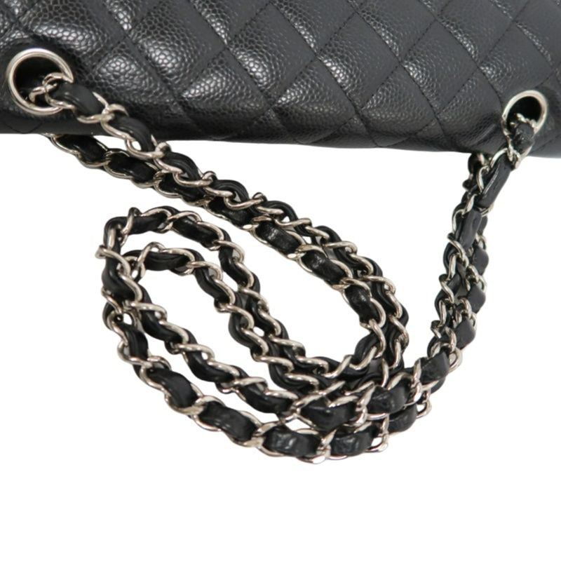 CHANEL Classic Flap Shoulder Bag, Caviar Leather, Black with Silver Hardware, Dust Bag Included