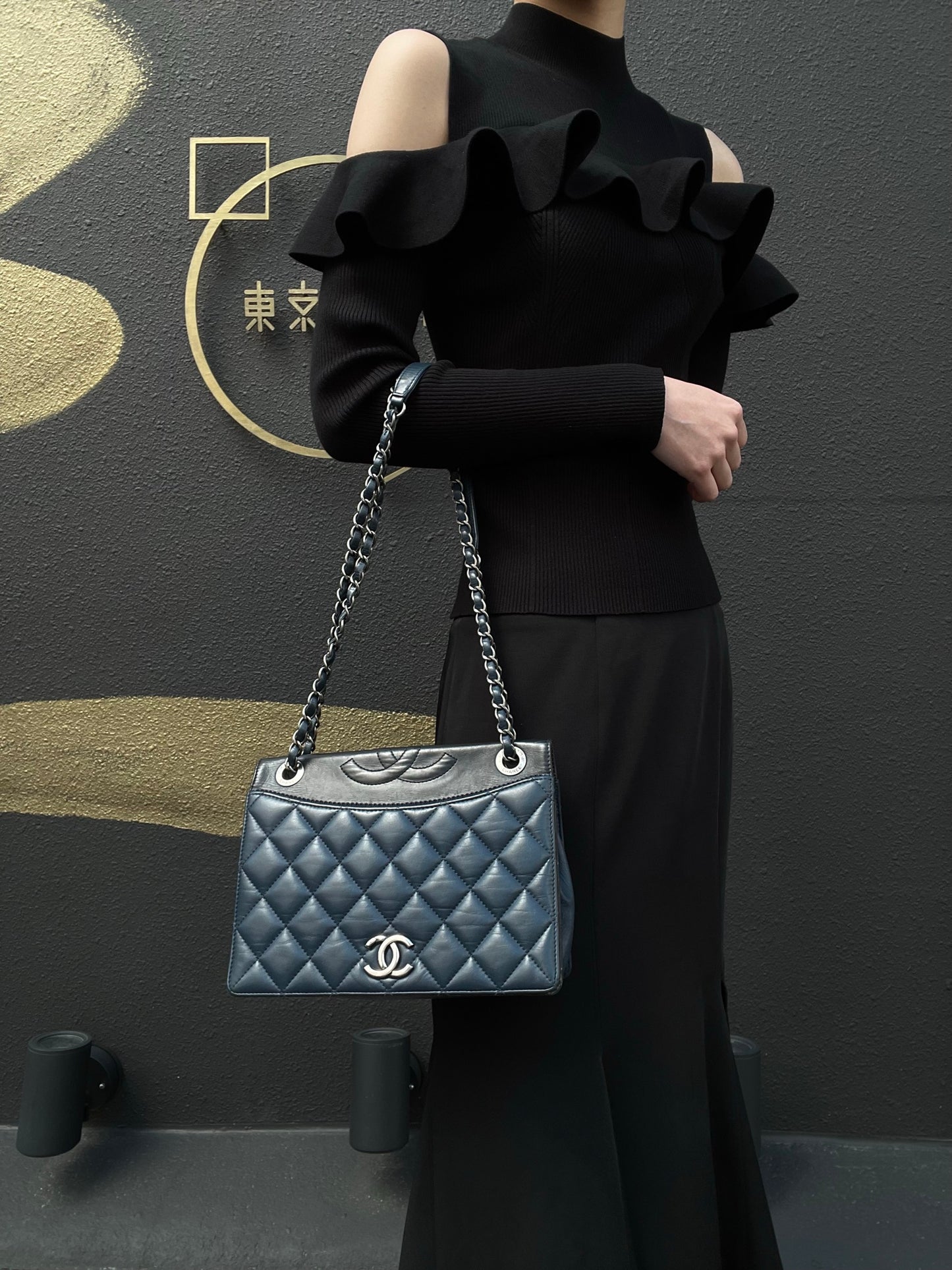 CHANEL Matelassé Flap Shoulder Bag, Lambskin, Navy, Silver Hardware